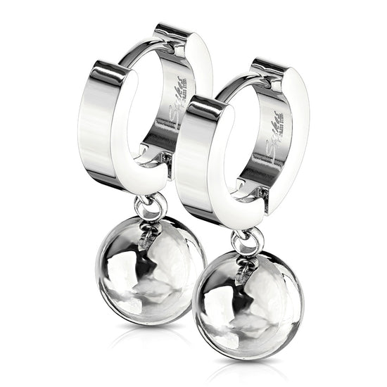 Pair of 316L Stainless Steel Hinged Hoop Earring with Ball Dangle SILVER