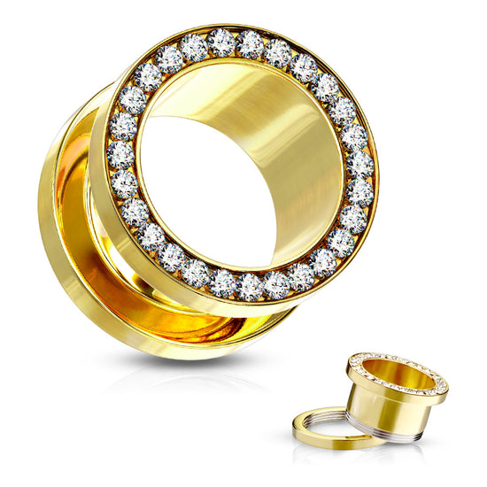 FLESH TUNNEL CON PIETRE IN ACCIAIO GOLD