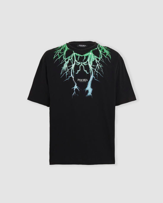 PHOBIA ARCHIVE BLACK T-SHIRT WITH GREEN AND LIGHTBLUE LIGHTNING