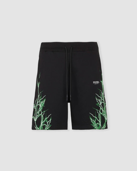 BLACK SHORTS WITH LATERAL GREEN LIGHTING PRINT