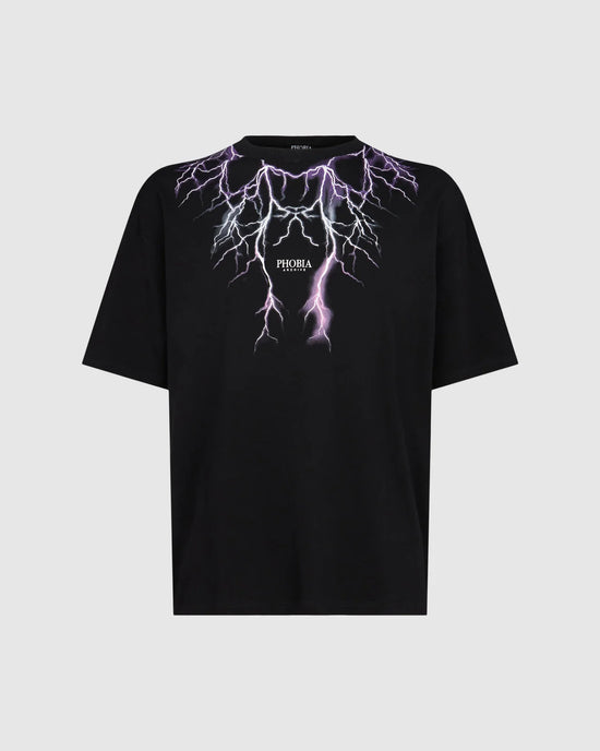 BLACK T-SHIRT WITH PURPLE GREY FUCHSIA LIGHTNING