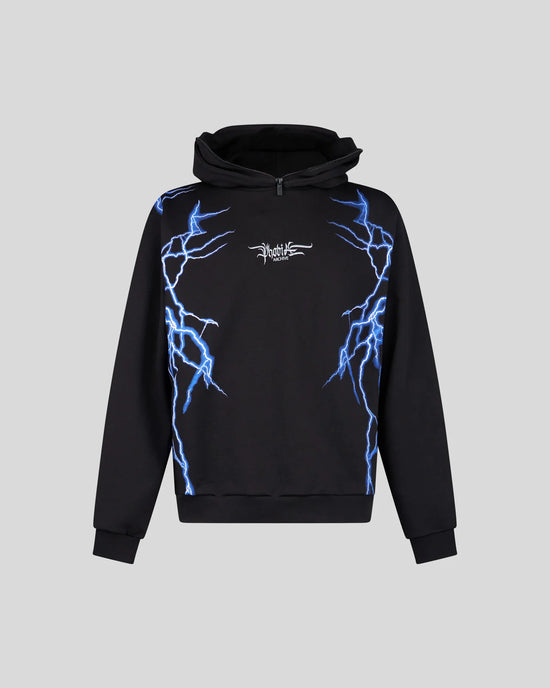 BLACK BALACLAVA HOODIE WITH LIGHTNING BLUE PRINT