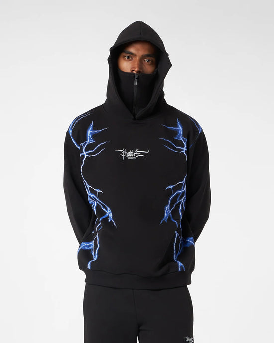 BLACK BALACLAVA HOODIE WITH LIGHTNING BLUE PRINT