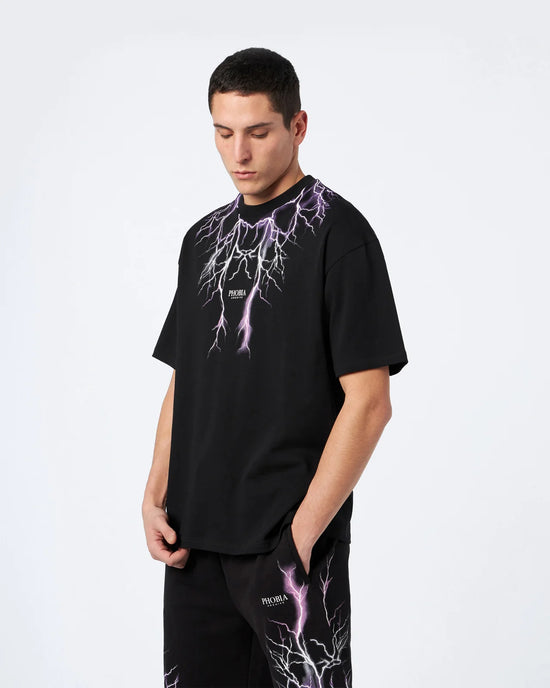 BLACK T-SHIRT WITH PURPLE GREY FUCHSIA LIGHTNING
