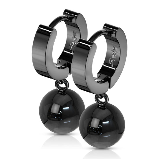 Pair of 316L Stainless Steel Hinged Hoop Earring with Ball Dangle BLACK