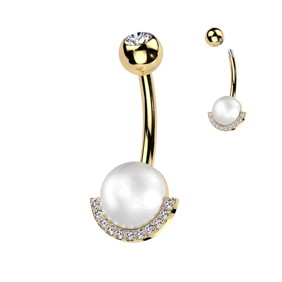 SURGICAL STEEL BELLY RING WITH PEARL GOLD