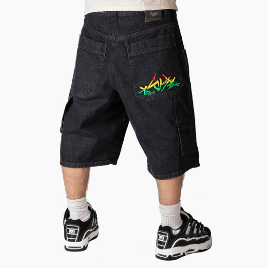 Bermuda Jeans Blueskin Baggy Nero Ricamo Rasta